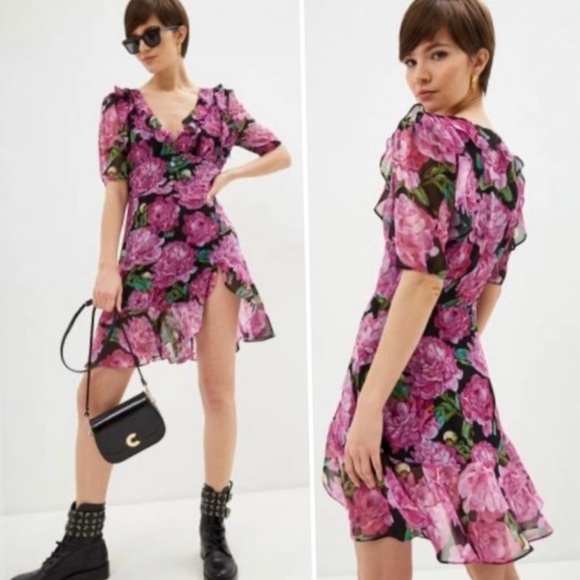 THE KOOPLES Winter Peonies Floral Print Short Sleeve  Ruffled Mini Dress Large - Picture 7 of 14